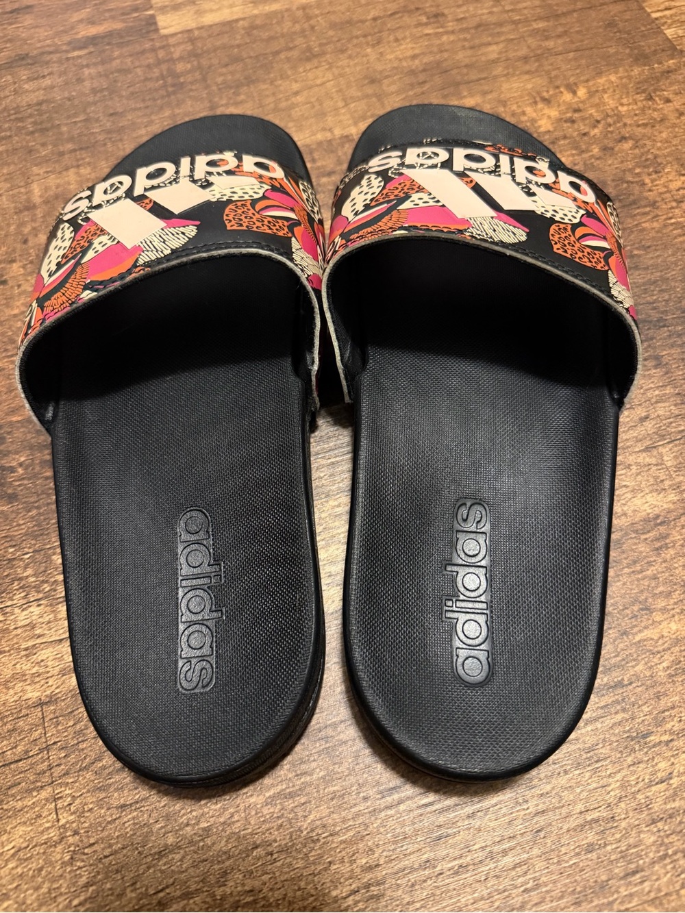 adidas Black Slides with Pink & Coral Floral Strap - Picture 3 of 4